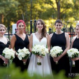 Sally & Bridesmaids. All white bouquets.